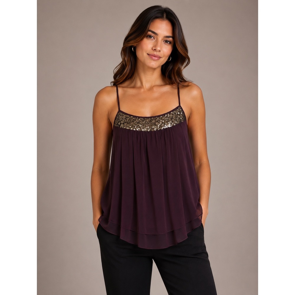 Mossimo Purple Sequin Neckline Chiffon Cami Top Criss Cross Back Plum Large